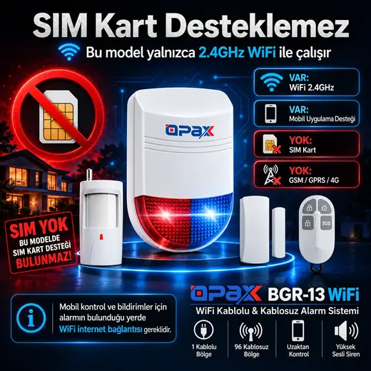 OPAX BGR-13 WiFi Kablolu & Kablosuz Alarm Sistemi – 96 Kablosuz Bölge, 1 Yıl Ücretsiz AHM görseli 3
