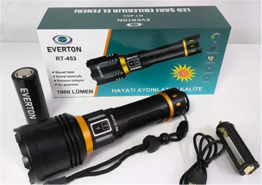 Everton RT-453 Metal Fener 50w Şarjlı Parlaklık Ayarı 4800Mah 26650 3.7v Lıon Pil)
