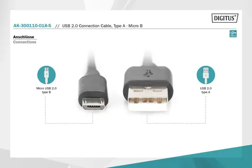 DIGITUS AK-300110-018-S USB 2.0 Uyumlu Kablo, USB A Erkek Mikro USB B Erkek, 1.80 metre, AWG 28, UL, siyah renk görseli 3