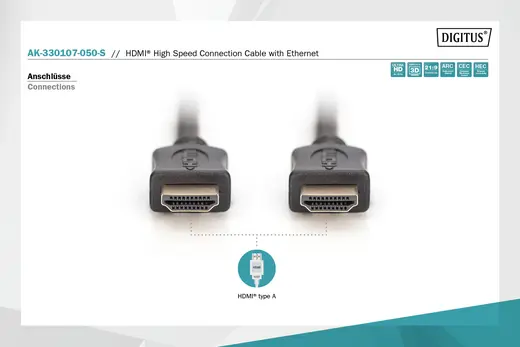 DIGITUS AK-330107-050-S HDMI High Speed with Ethernet Bağlantı Kablosu (HDMI 1.4), 2160p, 4K Ultra HD, 3D alternatif görünüm