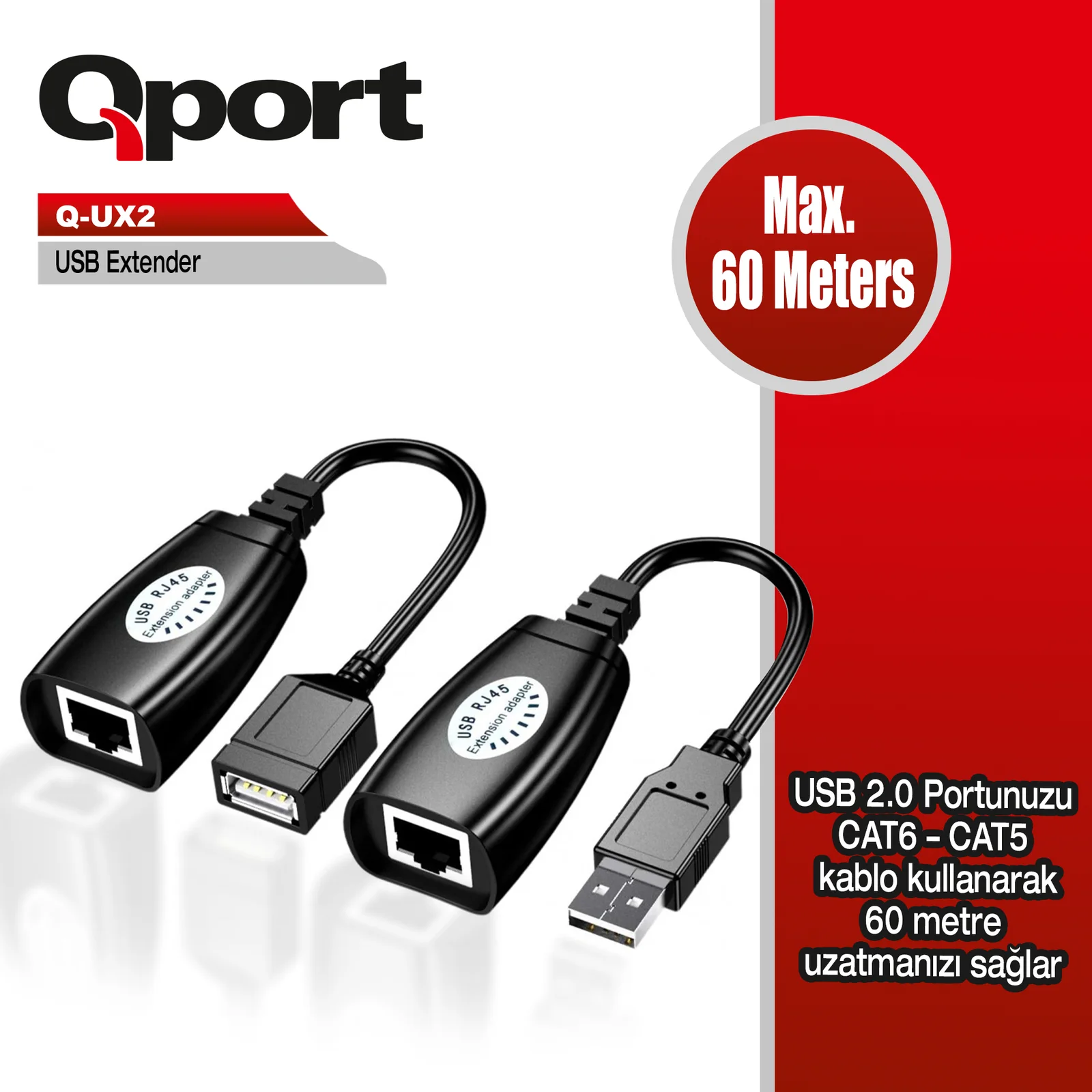 QPORT (Q-UX2) 60 METRE CAT5/CAT6 USB EXTENDER DONUSTURUCU 2 LI PAKET