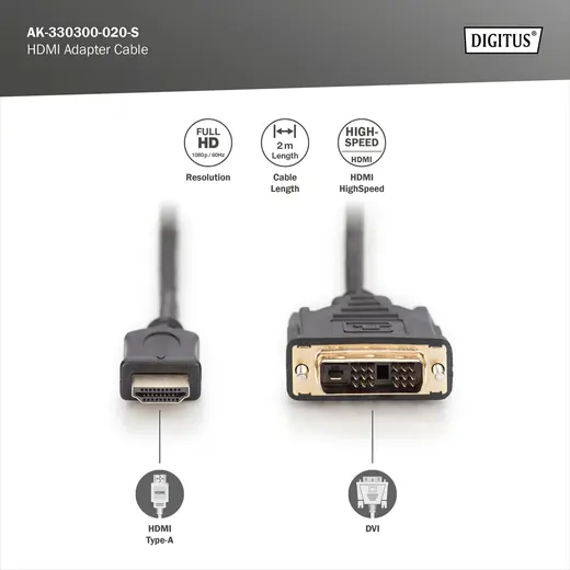 DIGITUS AK-330300-020-S HDMI adaptör kablosu, A-DVI tipi (18+1) St/St, 2,0 m, Full HD, bw görseli 3