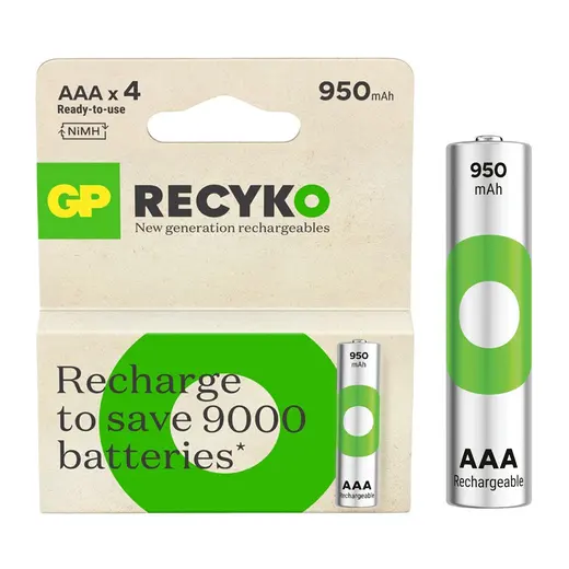 GP RECYKO 950 MAH AAA İNCE 4LÜ ŞARJLI KALEM PİL GP100AAAHCE-2EB4 (GPRHC103E001)