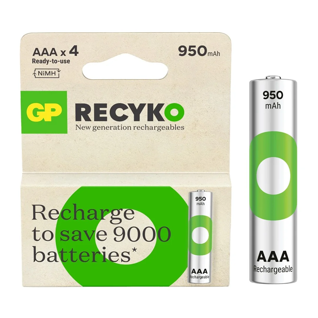 GP RECYKO 950 MAH AAA İNCE 4LÜ ŞARJLI KALEM PİL GP100AAAHCE-2EB4 (GPRHC103E001)