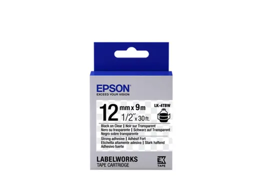 Epson LK-4TBW Güçlü Yapışkanlı Şeffaf Üzeri Siyah 12mm 9Metre Etiket