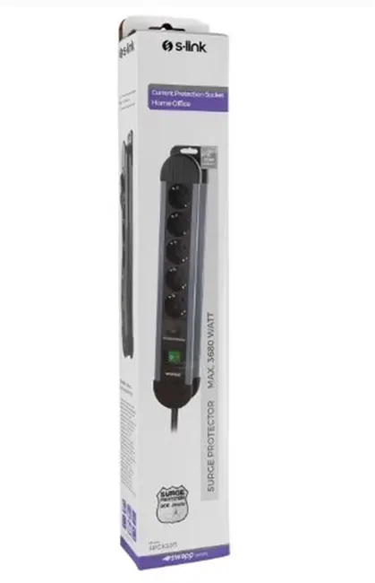 S-link SPGKS05 1.5m 3G1.5mm2 900 Joule 5Li Akım Kor. Gri Priz Çoklayıcı