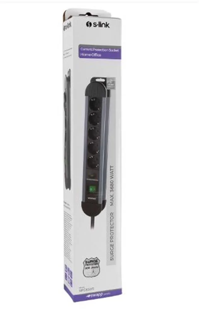 S-link SPGKS05 1.5m 3G1.5mm2 900 Joule 5Li Akım Kor. Gri Priz Çoklayıcı