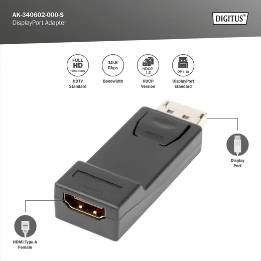 DIGITUS AK-340602-000-S DisplayPort Adaptörü, DP Erkek - HDMI tip A Dişi, kilit mekanizmalı, siyah renk görseli 3