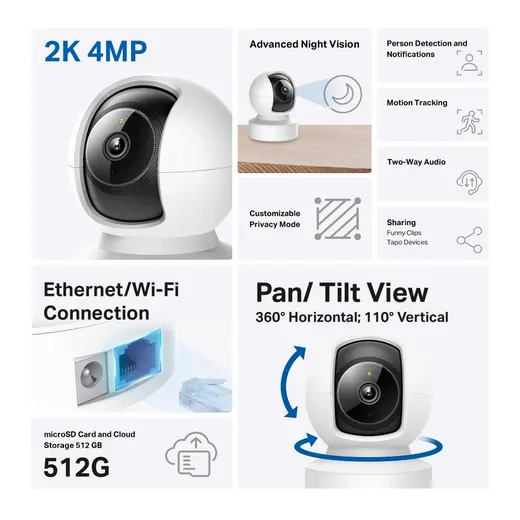 TP-LINK 4MP Pan/Tilt 360° Yatay Kapsama 12m IR Wıfı Ethernet Çift Yönlü Ses 512GB microSD Destekli İç Mekân IP Kamera TAPO C222 görseli 7