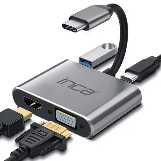 Inca ITPC-06TX USB C 4in1 – HDMI+VGA+USB+Güç Dağıtım Adap 4K@30Hz HDMI Çoklayıcı 100W PD Güçı