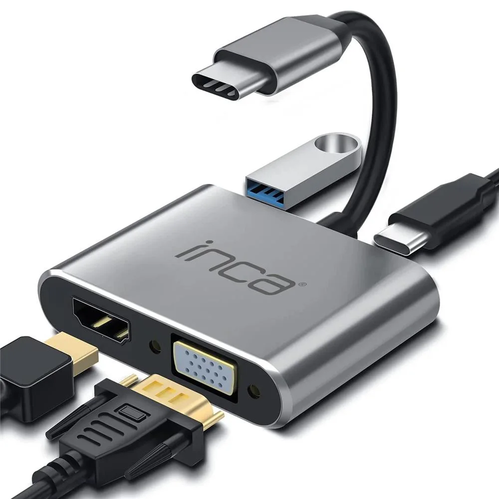 Inca ITPC-06TX USB C 4in1 – HDMI+VGA+USB+Güç Dağıtım Adap 4K@30Hz HDMI Çoklayıcı 100W PD Güçı