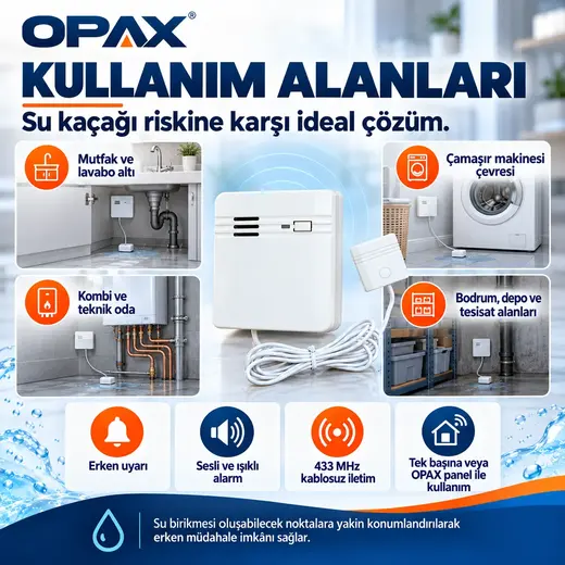 OPAX SBD-WRLS Kablosuz Su Kaçağı ve Su Baskını Dedektörü Sesli Alarm Cihazı görseli 5