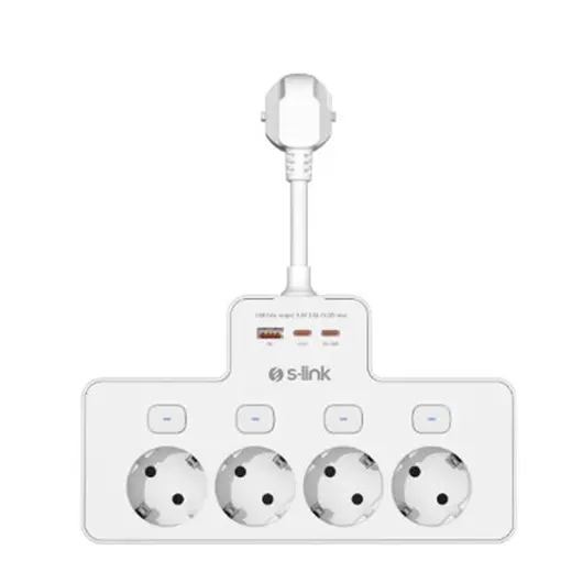 S-link PRZ08 Beyaz 4 Soketli 15cm 1 USB 2 Type-C PD20W Tam Bakır Kablolu Akım Korumalı Priz