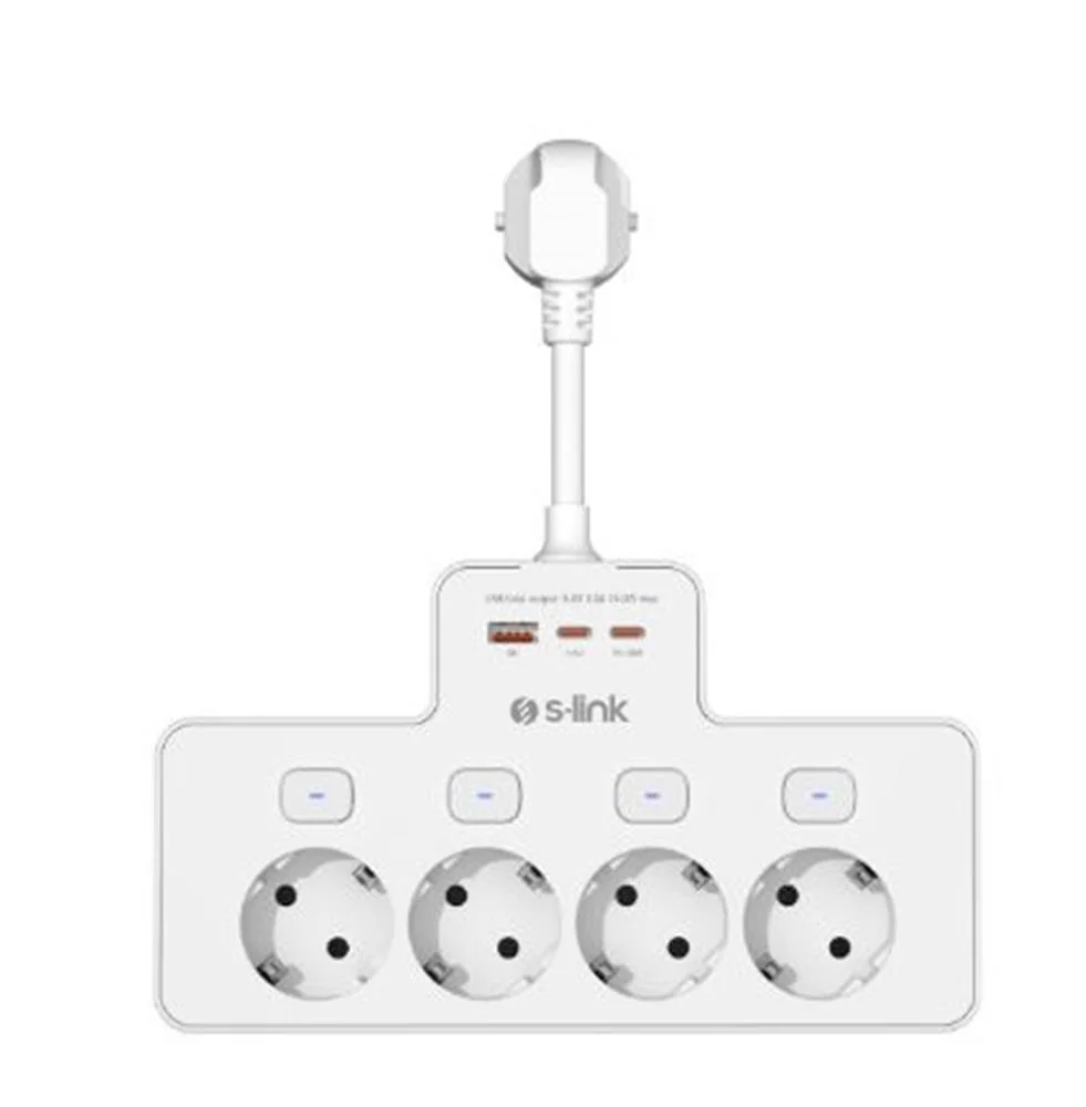 S-link PRZ08 Beyaz 4 Soketli 15cm 1 USB 2 Type-C PD20W Tam Bakır Kablolu Akım Korumalı Priz