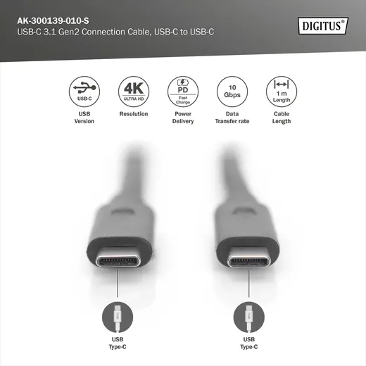 DIGITUS AK-300139-010-S USB Tip-C Bağlantı Kablosu, tip C Erkek <-> tip C Erkek, 1 metre, USB 3.2 Gen2, 5A, 10GB görseli 3