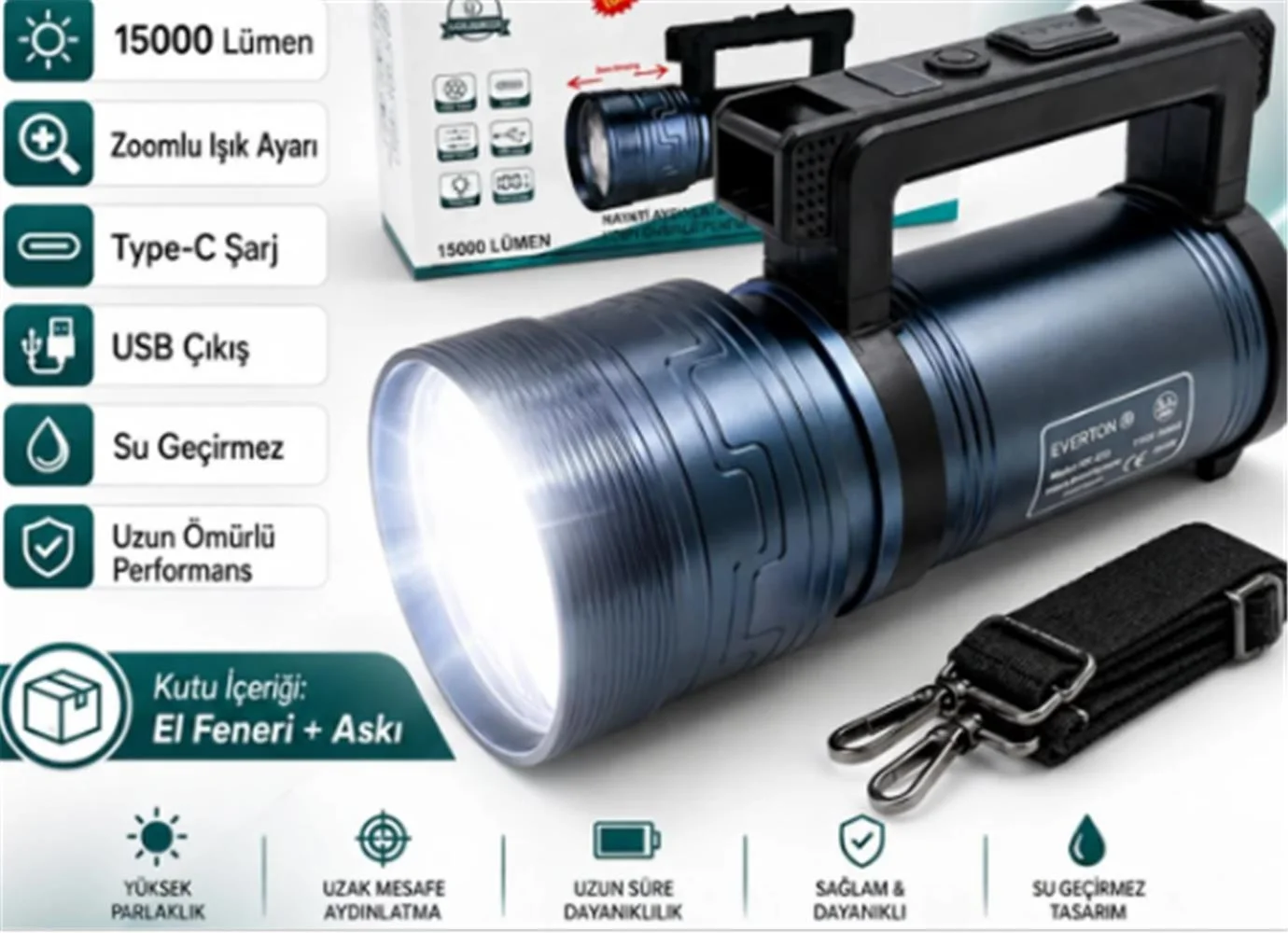 Everton Rt-829 Şarjlı Projektör 150w Zoom Led gösterge 1500lümen 3 Seviye Aydınlatma