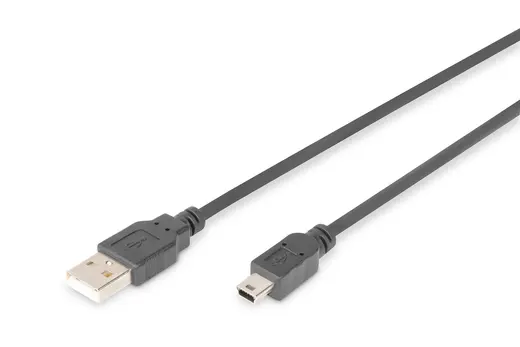 DIGITUS AK-300108-030-S USB 2.0 bağlantı kablosu, A tipi - mini B (5pin) St/St, 3.0m, USB 2.0 uyumlu, siyah renk