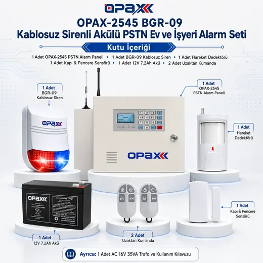 OPAX-2545 PSTN BGR-09 Kablosuz Sirenli Akülü Ev ve İşyeri Alarm Seti alternatif görünüm