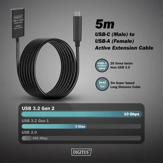 DIGITUS DA-73113 Active USB-C Extension Cable, 5m 10G, USB 3.2 Gen2, USB-C - USB-A (M/F) görseli 4
