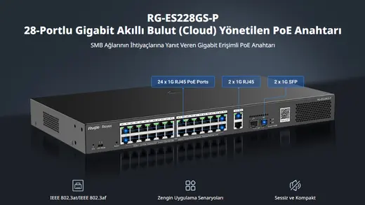 RUIJIE 24port PoE 370w 2-SFP Gigabit Yönetilebilir Switch RG-ES228GS-P görseli 3