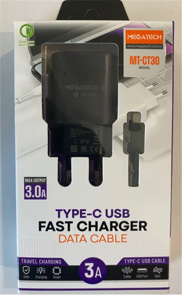 Megatech Mt-CT30 Siyah QD 3.0a Usb Ev Şarj Kafa+ Type-C Şarj Kablosu