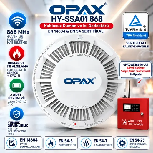 OPAX HY-SSA01 868 MHz Kablosuz Duman ve Isı Dedektörü | EN 14604 & EN 54