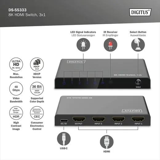 DIGITUS DS-55333 8K HDMI Switch, 3x1 alternatif görünüm
