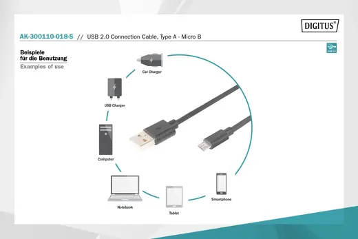 DIGITUS AK-300110-018-S USB 2.0 Uyumlu Kablo, USB A Erkek Mikro USB B Erkek, 1.80 metre, AWG 28, UL, siyah renk görseli 4