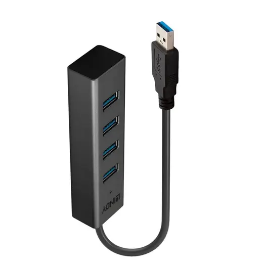 LINDY LIN-43324 4 Port USB 3.0 Hub, 30cm Sabit USB Tip A Kablolu 4 Port USB 3.0 Hub with 30cm fixed USB Type A Cable