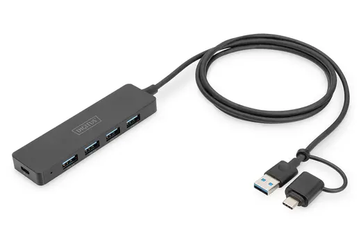 DIGITUS DA-70236 4-Port USB 3.0 Hub, İnce Tip, USB-C Adaptörlü, 5Gbps, 1,2 metre kablo dahil