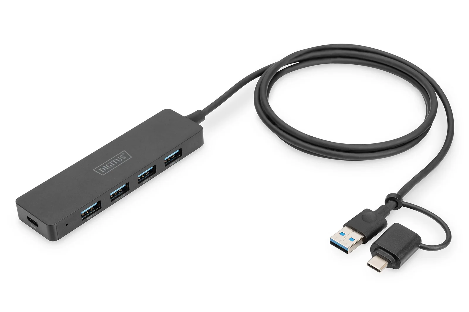 DIGITUS DA-70236 4-Port USB 3.0 Hub, İnce Tip, USB-C Adaptörlü, 5Gbps, 1,2 metre kablo dahil