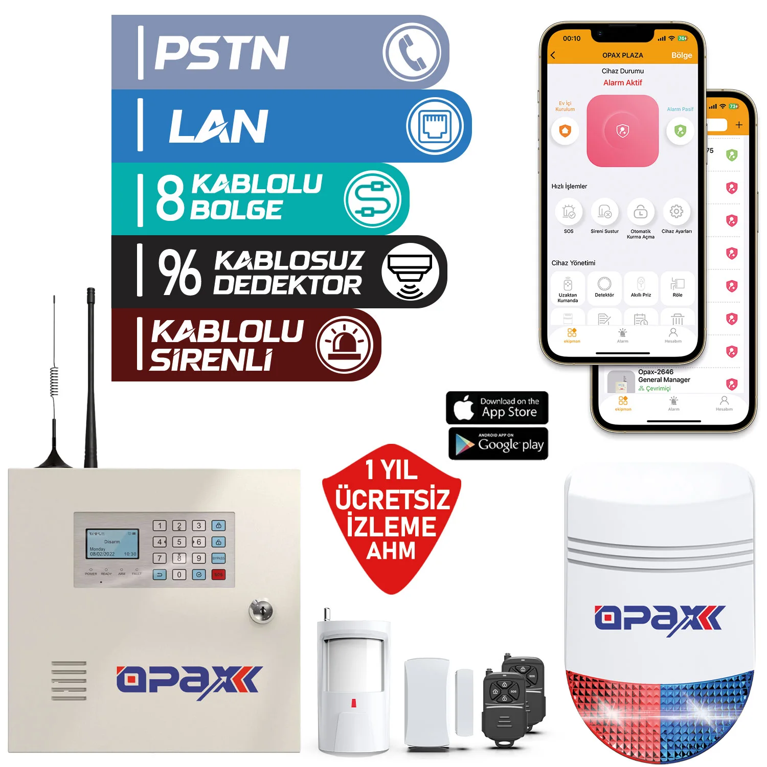 OPAX-2545LAN BGR-10 Kablolu Sirenli Akülü LAN/PSTN Ev ve İşyeri Alarm Seti