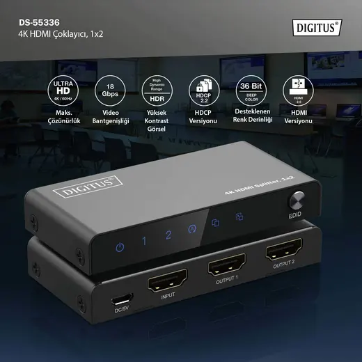 DIGITUS DS-55336 4K HDMI Çoklayıcı, 1 x 2, 4K/60Hz HDCP 2.2, EDID Kontrol özelliği görseli 6