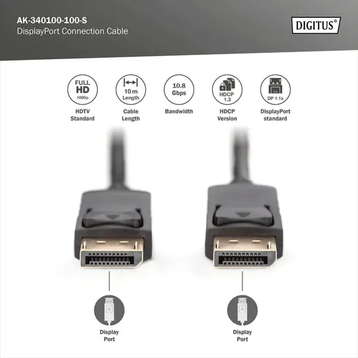 DIGITUS AK-340100-100-S DisplayPort bağlantı kablosu, DP erkek <-> DP erkek, 10 metre, kilit mekanizmalı, Full HD 1080p alternatif görünüm