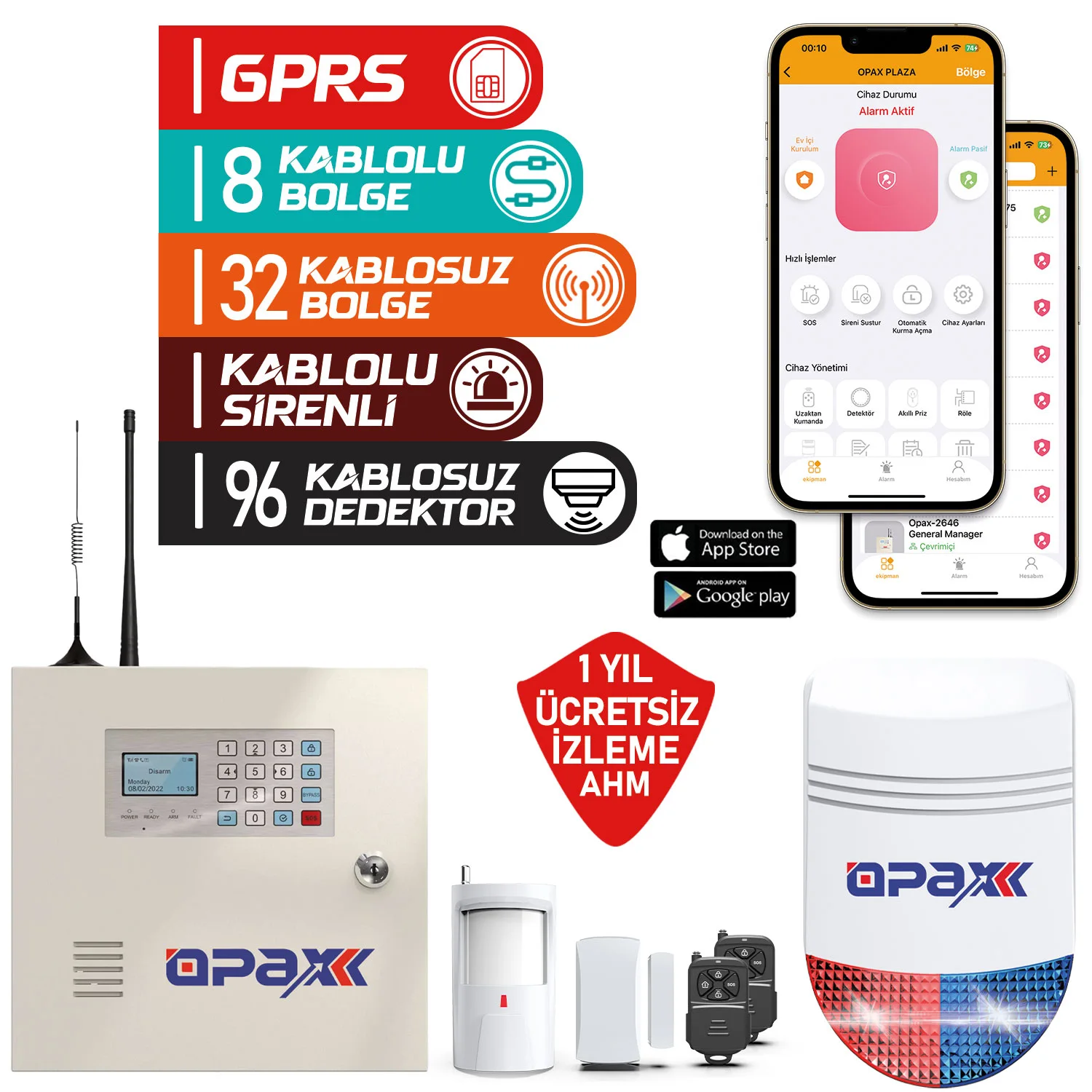 OPAX-2646 BGR-10 Kablolu Sirenli Akülü GPRS/GSM Ev ve İşyeri Alarm Seti