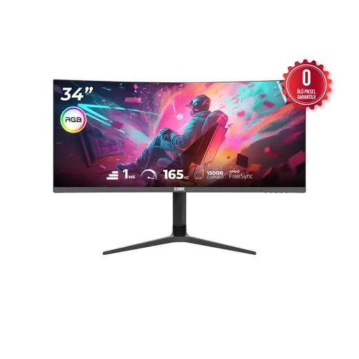 34 CUBE PA-34V165C VA 1MS 165HZ HDMI DP TYPE-C USB 2K WQHD 3440X1440 FREESYNC CURVED YUKSEKLIK AYARI VESA RGB SIYAH GAMI görseli 1