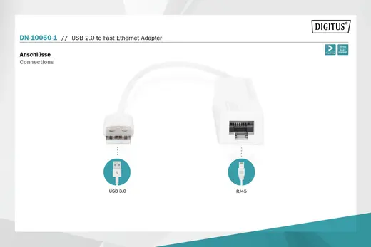 DIGITUS DN-10050-1 USB 2.0 Fast Ethernet Adaptörü, 1 x 10/100 RJ45 Dişi, USB-A Erkek görseli 4