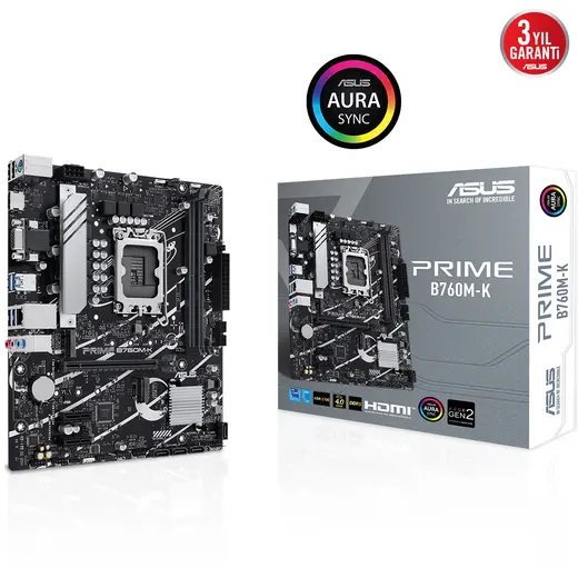Asus PRIME B760M-K Intel 1700p DDR5 8000 HDMI VGA Çift M2 USB3.2 AURA RGB mATX
