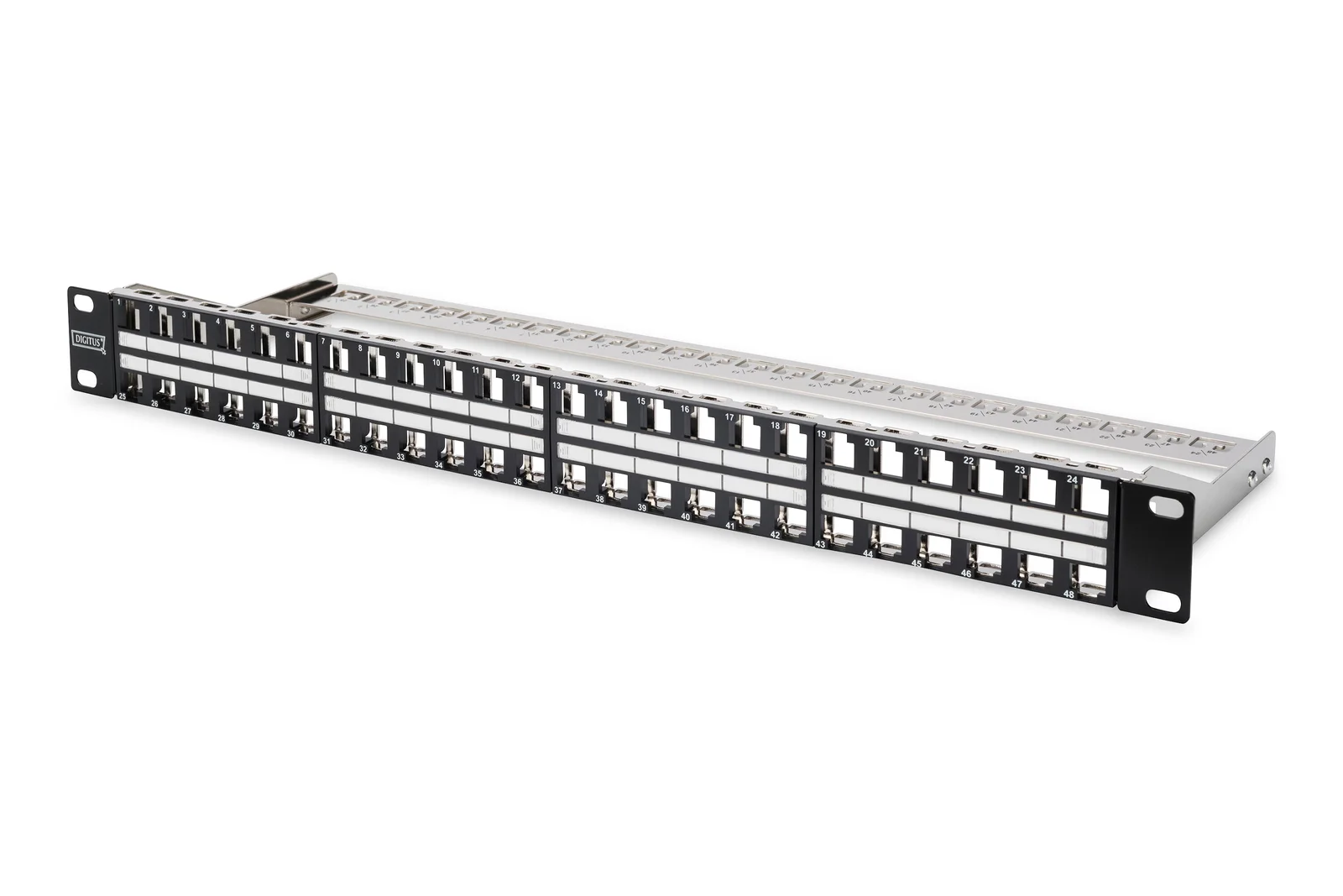 DIGITUS DN-91424 48 Port Boş Patch Panel, Zırhlı Keystone Jack Takılabilir, 1U Yüksekliğinde, siyah RAL 9005 renk