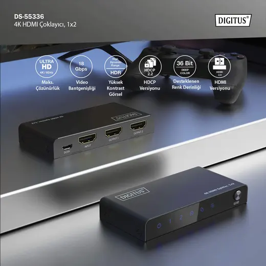 DIGITUS DS-55336 4K HDMI Çoklayıcı, 1 x 2, 4K/60Hz HDCP 2.2, EDID Kontrol özelliği görseli 7