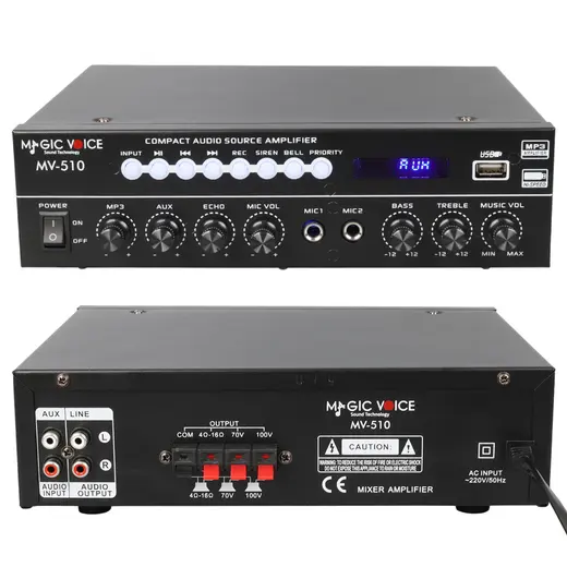 MAGICVOICE MV-510 50 WATT USB/SD/BLUETOOTH 2 MİK.,ECO LU+2SD 2061*2 Lİ UKLI GİRİŞLİ HAT TRAFOLU ANFİ