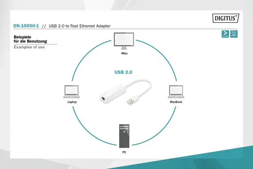 DIGITUS DN-10050-1 USB 2.0 Fast Ethernet Adaptörü, 1 x 10/100 RJ45 Dişi, USB-A Erkek alternatif görünüm