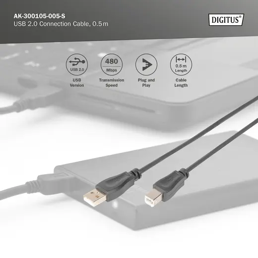DIGITUS AK-300105-005-S USB 2.0 Bağlantı Kablosu, USB A Erkek - USB B Erkek B, 0.5 metre, AWG 28, USB 2.0 uyumlu, UL görseli 3