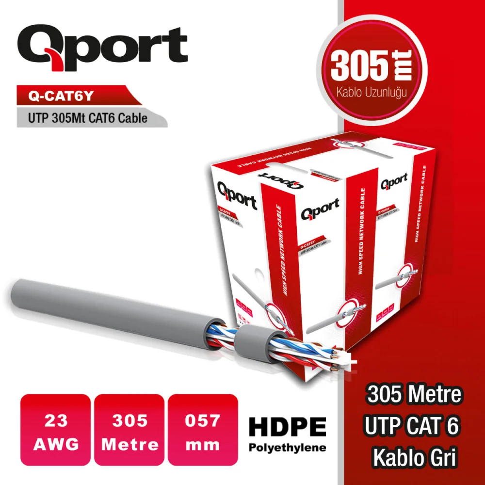 Qport Q-CAT6Y 305M UTP 23Awg PE Network Ağ Kablosu Gri