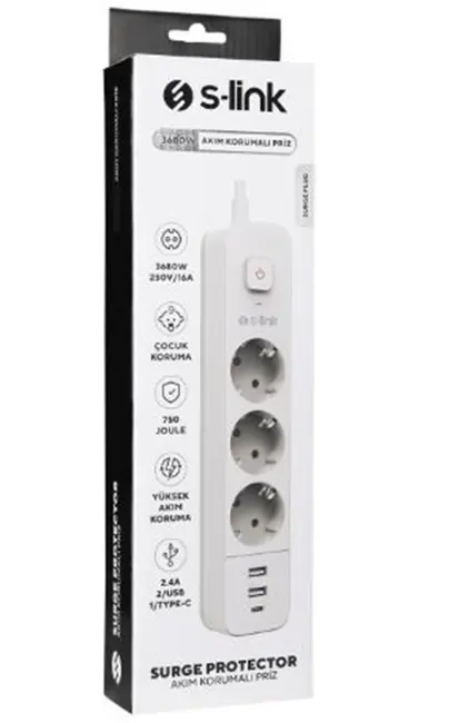 S-link SPG03TC 5V2.4A 1.5m 3x1.00mm 100 yüzde Bakır 750 Joule 3 lü Anahtarlı Akım Korumalı Beyaz Priz