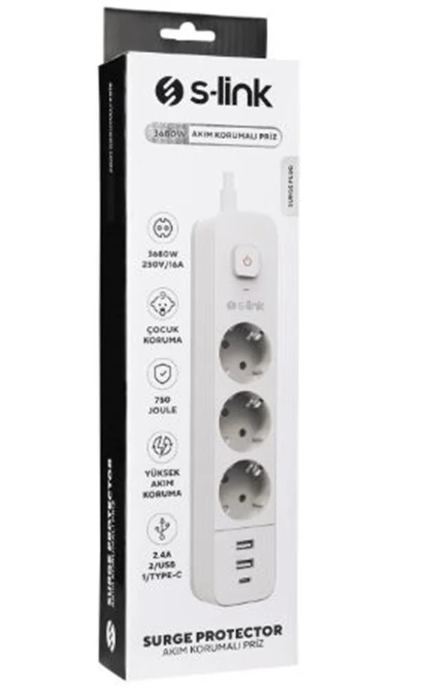 S-link SPG03TC 5V2.4A 1.5m 3x1.00mm 100 yüzde Bakır 750 Joule 3 lü Anahtarlı Akım Korumalı Beyaz Priz