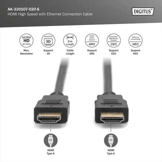 DIGITUS AK-330107-020-S HDMI High Speed with Ethernet connection cable, Type A M/M, 2.0m, Ultra HD, 4K@60Hz, gold, bl görseli 3