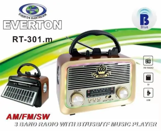 Everton RT-301.m Bluetooth-USB-SD-FM Şarjlı,Solarlı,Ledli, Nostaljik Radyo El Fenerl Radyo alternatif görünüm