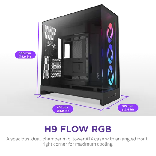 NZXT H9 FLOW RGB 2025 CM-H92FB-R1 Dual Chamber Gaming EATX PC Kasası görseli 8