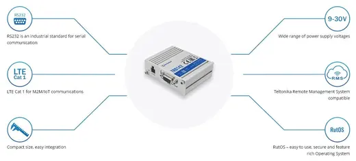 TELTONIKA TE-TRB142 4G (LTE) Endüstriyel Gateway - Cat 1 (10/5 Mbps) - 1x SIM kart yuvası, 1x Radyo - 1x RS-232 alternatif görünüm